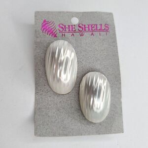 She Shells Mother Of Pearl MOP Earrings White Ribbed Domed Oval Beach Hawaii